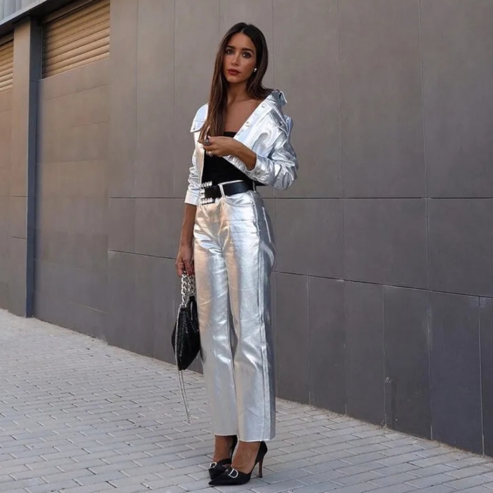 Zara Metallic High Rise Straight Cut Jeans - Picture 7 of 15